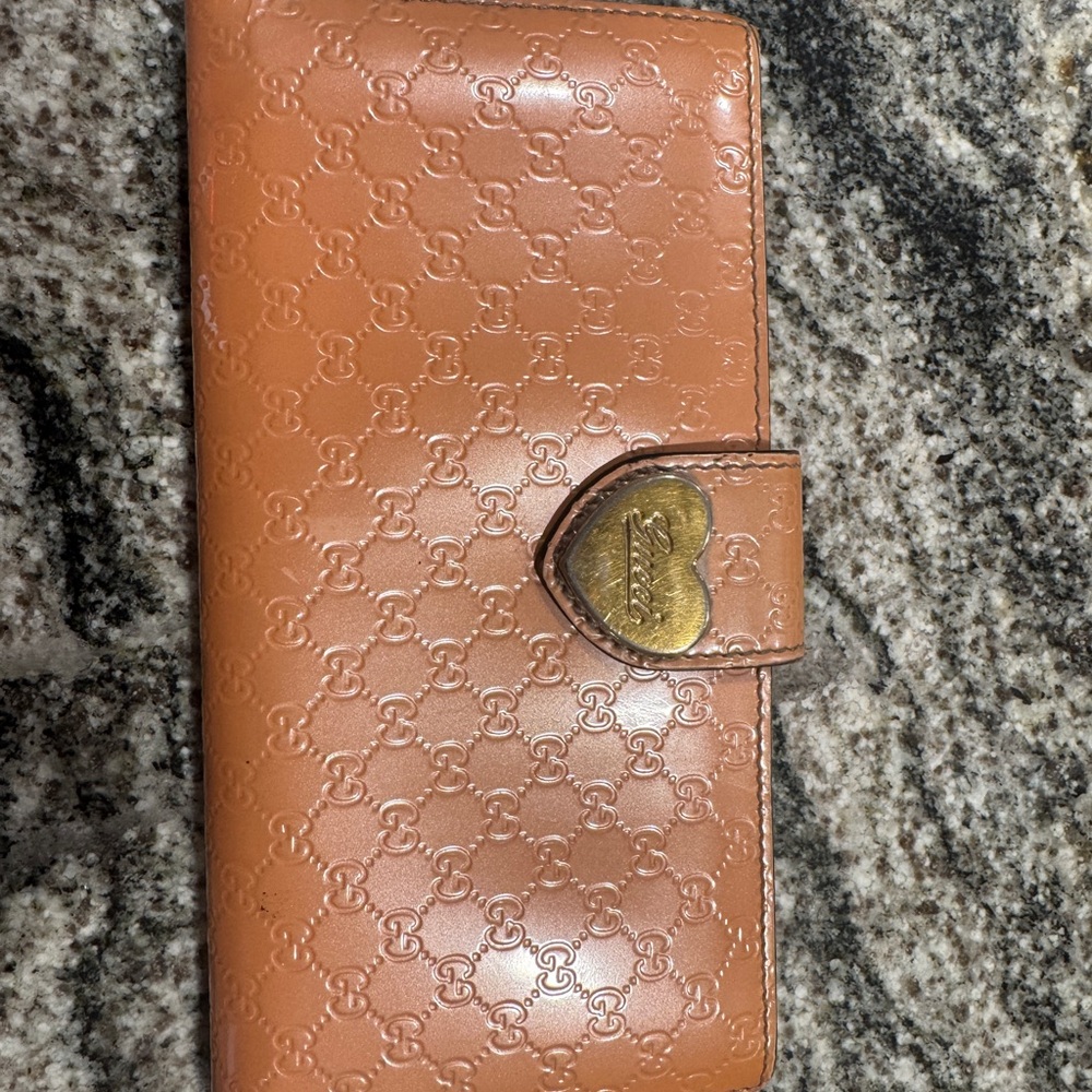 Gucci Tan Embossed Leather Wallet with Gold Heart Clasp with Free COA
